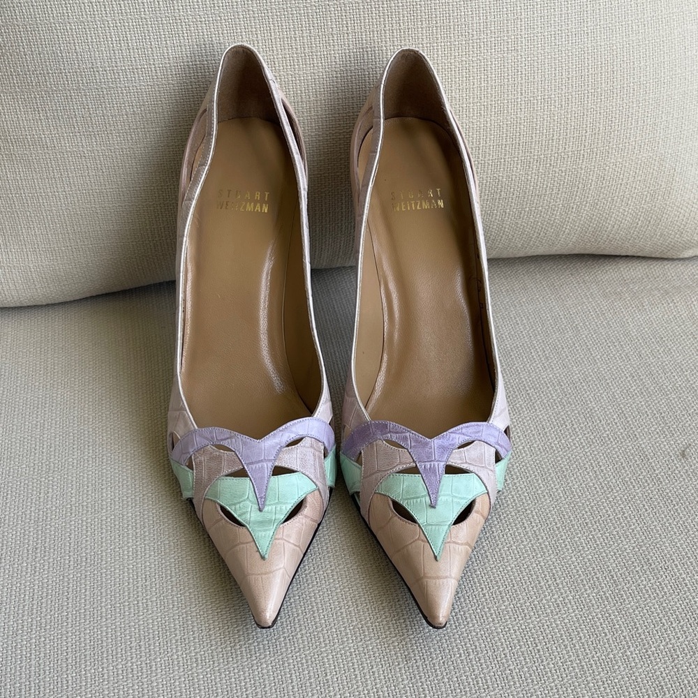 Stuart Weitzman Pastel Pink, Mint & Lavender Leather Pointed Toe HEELS SIZE 7.5